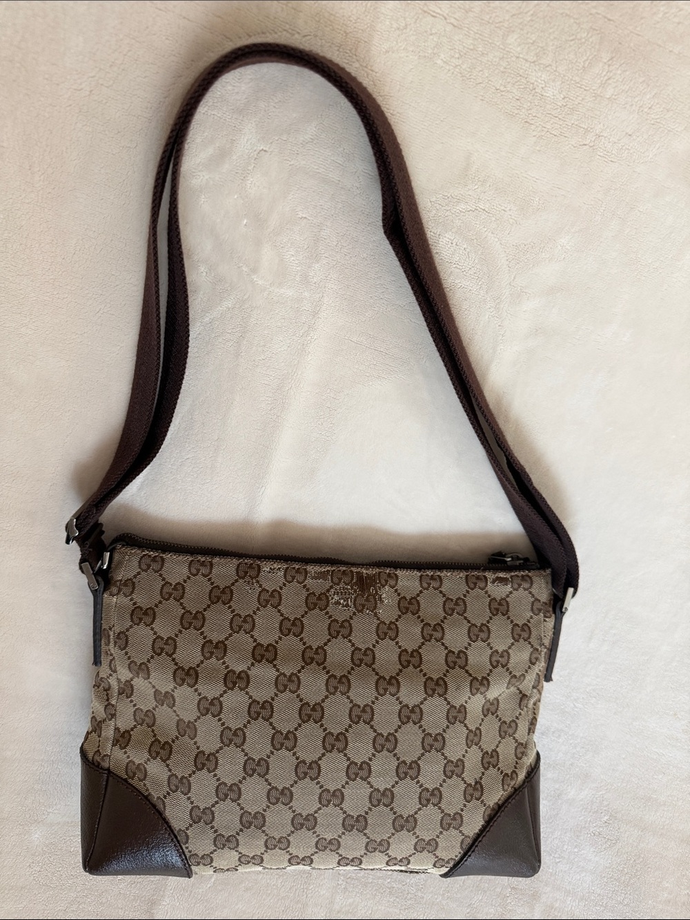 Authentic Gucci Shoulder Bag Gucci Crossbody Canvas with Brown leather Trim